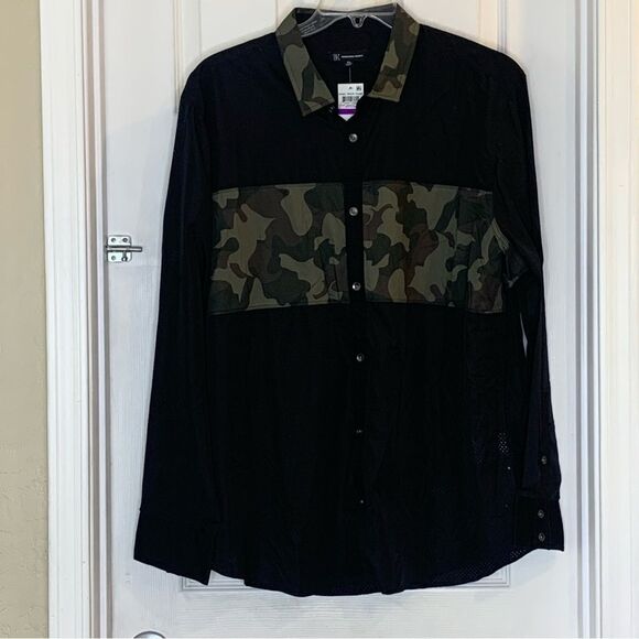I.N.C Mens Camouflage Button Up Shirt Rebel Rock Hang Black Mesh Camo Size XXL - Picture 2 of 12